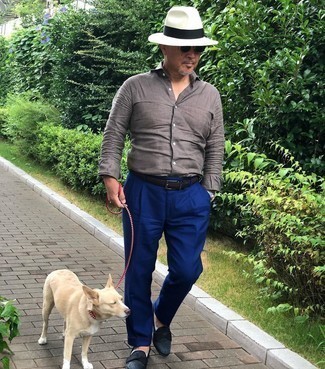 С чем носить серую льняную рубашку с длинным рукавом мужчине