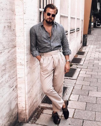 Какие монки носить с серой рубашкой с длинным рукавом