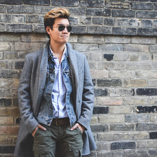 Какие брюки карго носить с серым длинным пальто