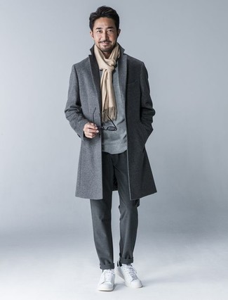 С чем носить серое длинное пальто