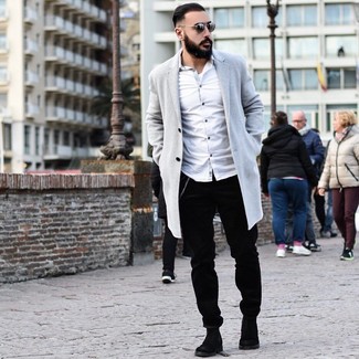 С чем носить серое длинное пальто