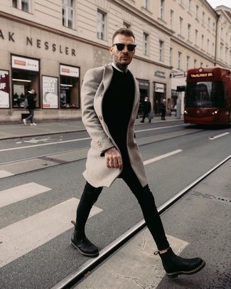 С чем носить серое длинное пальто