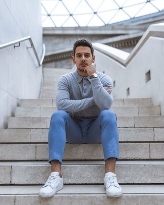 С чем носить серый свитер с воротником поло мужчине