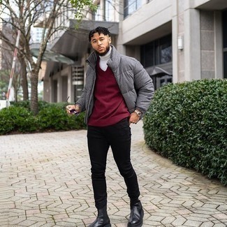 Какие ботинки челси носить с серой курткой-пуховиком мужчине