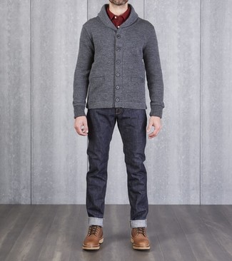 С чем носить серый кардиган с отложным воротником мужчине