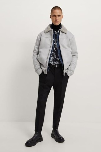 Какие ботинки челси носить с серой короткой дубленкой мужчине