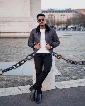 Какие джинсы носить с серой короткой дубленкой мужчине