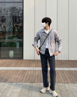 С чем носить серую куртку-рубашку мужчине