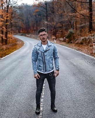 Какие косухи носить с серыми зауженными джинсами мужчине