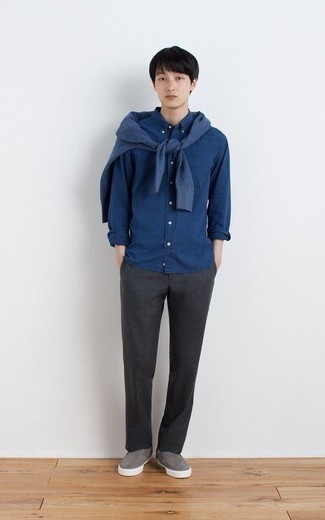 С чем носить серые замшевые слипоны мужчине