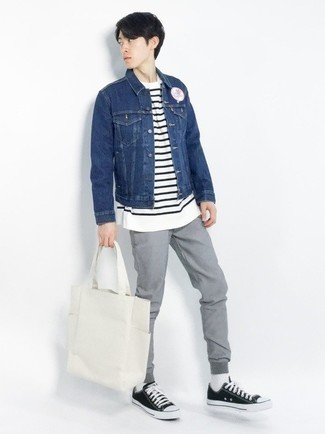 Какие джинсовые куртки носить с серыми спортивными штанами мужчине