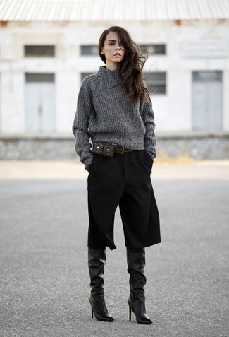 Какие брюки-кюлоты носить с серой водолазкой