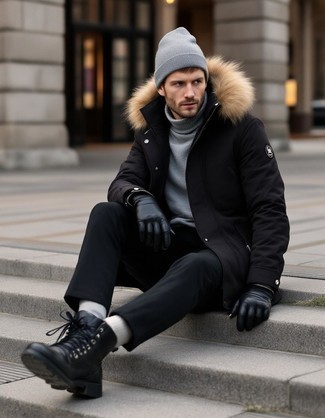 Какие парки носить с серой водолазкой мужчине