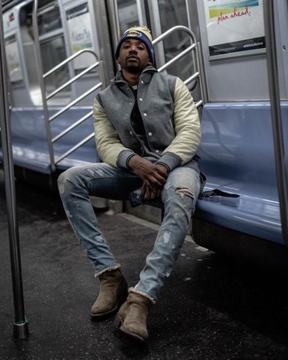 Какие ботинки челси носить с серой университетской курткой мужчине