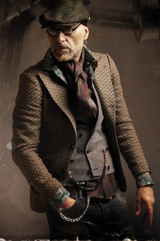 Как носить серый жилет с темно-коричневым пиджаком с узором "в ёлочку"