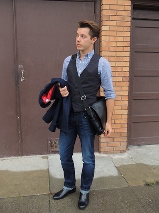 Как носить серый жилет с темно-синим пиджаком
