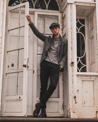 Как носить серый шерстяной пиджак с черными брюками чинос