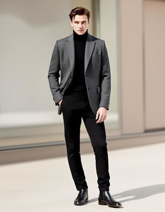Как носить серый шерстяной пиджак с черной водолазкой мужчине