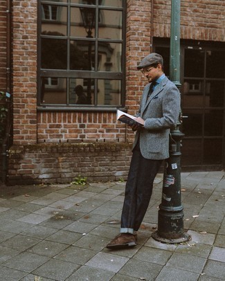 Как носить серый шерстяной пиджак с темно-серыми джинсами мужчине