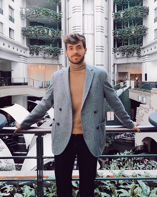 С чем носить серый шерстяной двубортный пиджак мужчине