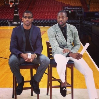 С чем носить серый шерстяной двубортный пиджак мужчине