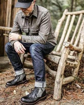 С чем носить серую шерстяную рубашку с длинным рукавом мужчине