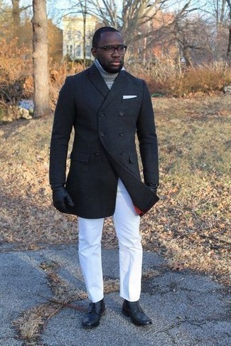 Как носить серую шерстяную водолазку с черным полупальто