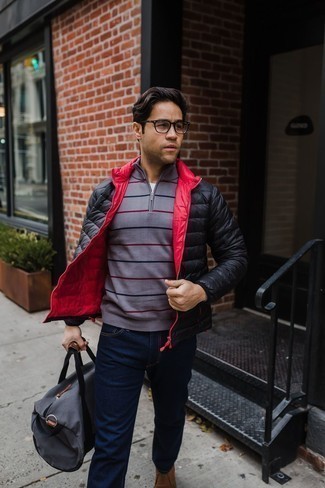 С чем носить серый свитер с воротником на молнии мужчине