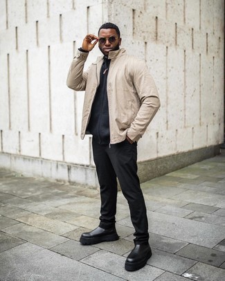 Какие ботинки челси носить с серым свитером на молнии мужчине