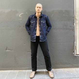 Как носить джинсы с джинсовой рубашкой мужчине