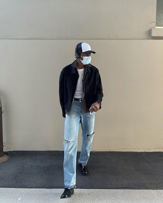 Как носить джинсы с курткой харрингтон