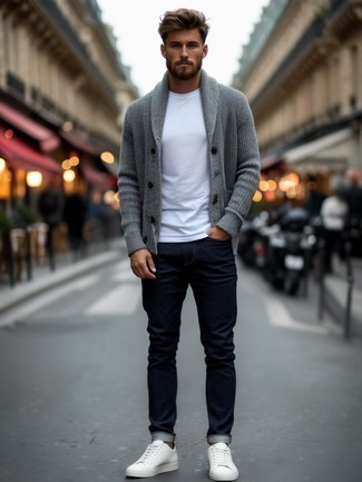 Как носить джинсы с кардиганом с отложным воротником мужчине