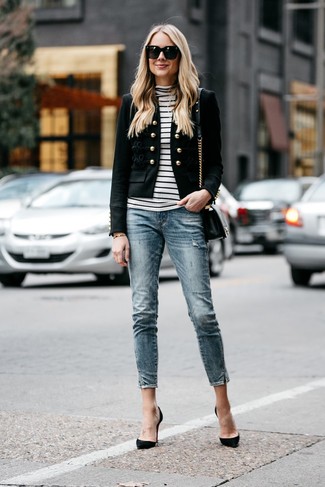 Как носить джинсы с водолазкой женщине