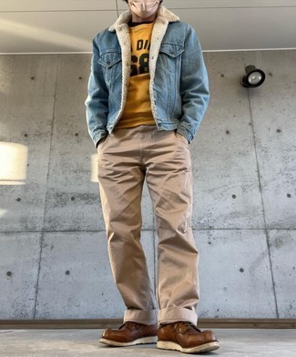 Какие короткие дубленки носить с светло-коричневыми брюками чинос