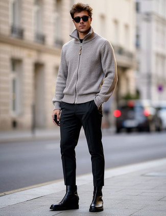 С чем носить вязаный свитер на молнии мужчине