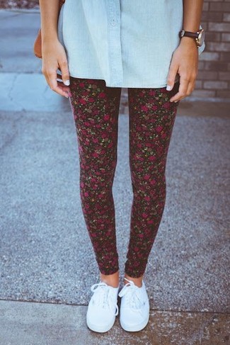 Как носить леггинсы с джинсовой рубашкой