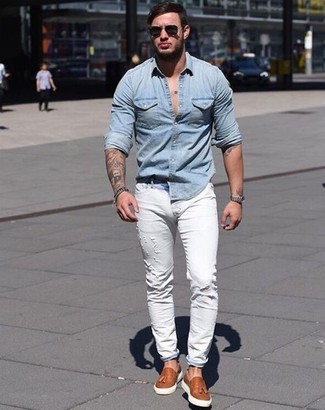 Какие лоферы носить с голубой джинсовой рубашкой мужчине