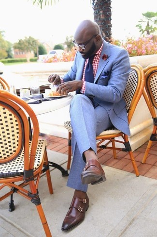 Какие монки с двумя ремешками носить с голубыми классическими брюками