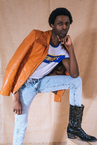 Какие ковбойские сапоги носить с голубыми джинсами мужчине