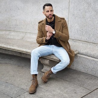 Какие длинные пальто носить с голубыми джинсами