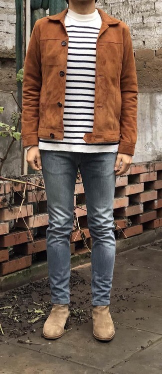 Какие куртки-рубашки носить с голубыми джинсами мужчине