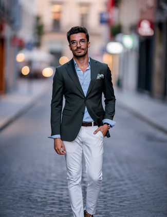 Какие пиджаки носить с голубой рубашкой с длинным рукавом мужчине