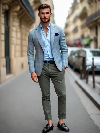 С чем носить голубой пиджак в шотландскую клетку мужчине