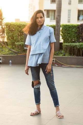 С чем носить голубую рубашку с коротким рукавом женщине