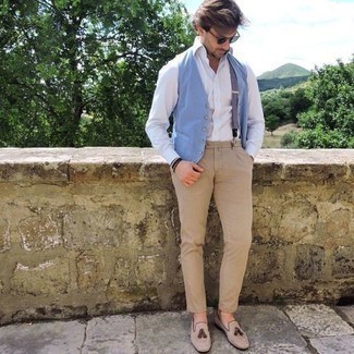 Какие лоферы носить с голубым жилетом