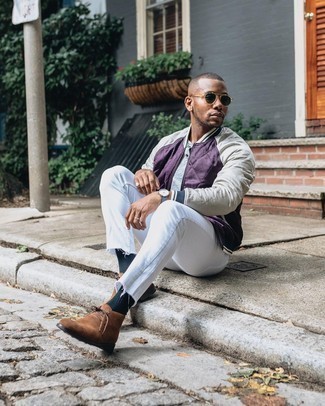 С чем носить светло-фиолетовый бомбер мужчине