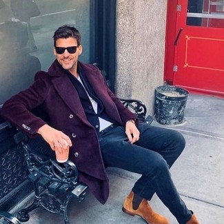 С чем носить светло-фиолетовое длинное пальто