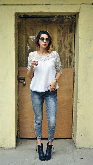 Как носить блузку с длинным рукавом с ботильонами