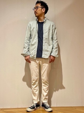 Какие джинсы носить с мятной рубашкой с длинным рукавом мужчине