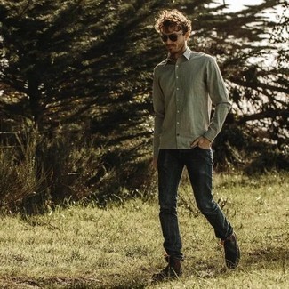 С чем носить мятную рубашку с длинным рукавом мужчине